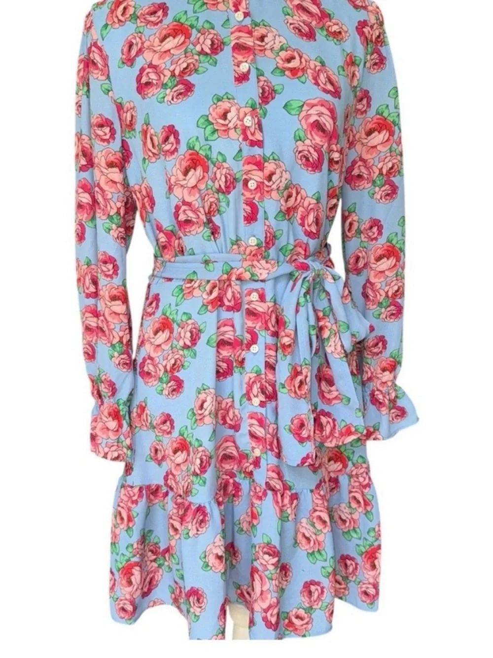 GORGEOUS UnTuckit Spring Floral Tie-Waist Mini Dress in Light Blue & Rose - Picture 6 of 9